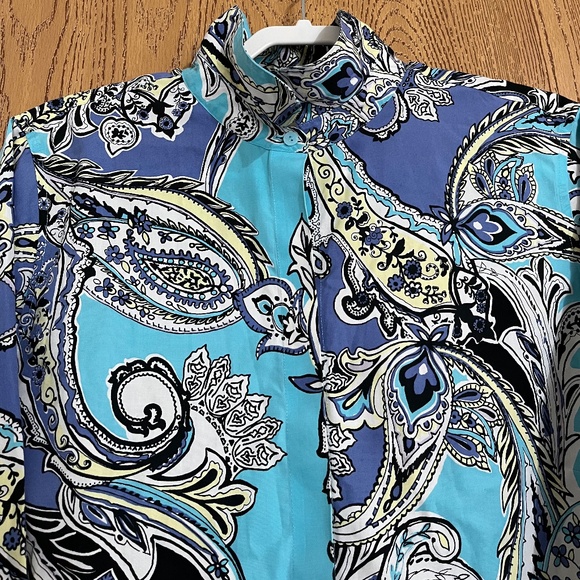 Chico’s No-Iron Blue Multi Paisley Print 3/4 Sleeve Button Down Shirt Size-XL - Picture 2 of 6